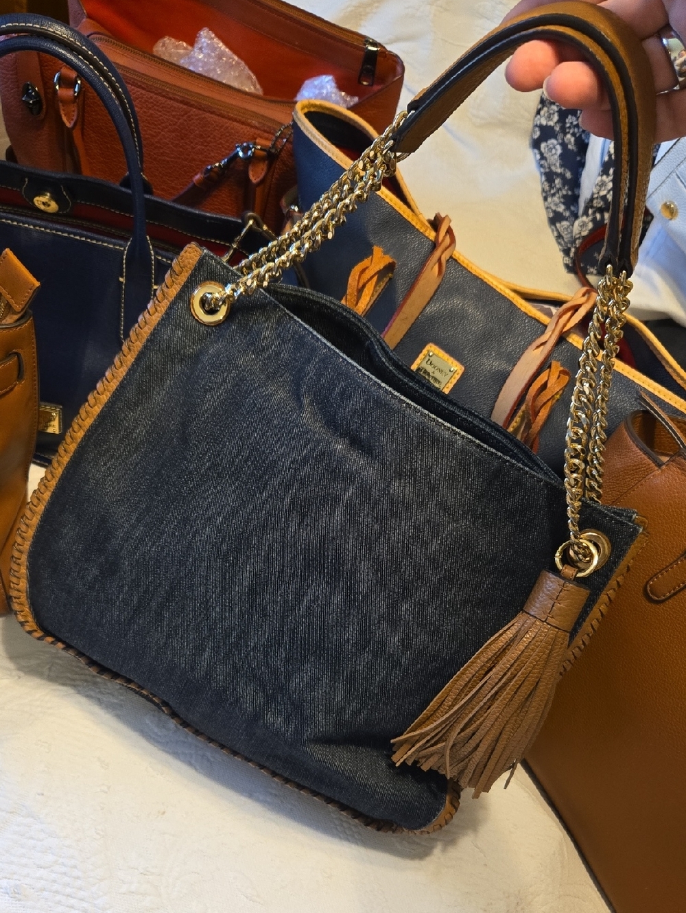Michael Kors Denim Tote with Tan Leather Trim and Gold Chain Handles